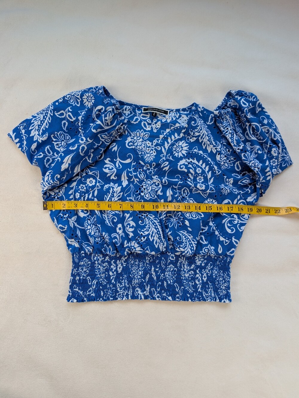 Melanie Lyne Paisley Smocked Waist Blouse Blue White Size M - Picture 13 of 17